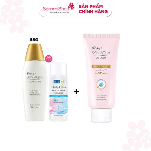 [15.05 - 17.05] Sunplay Sữa chống nắng Skin Aqua Clear White SPF50+ PA++++ 55g + quà + Sunplay Kem chống nắng dưỡng thể Skin Aqua UV Body Whitening SPF 50+ PA++++ 150g