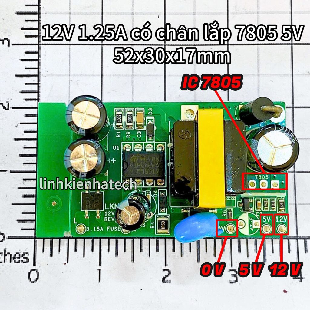 Nguồn xung DC 12V 5V 1.25A ( có chân cắm 7805 chờ ) mới KT 52x30x17mm