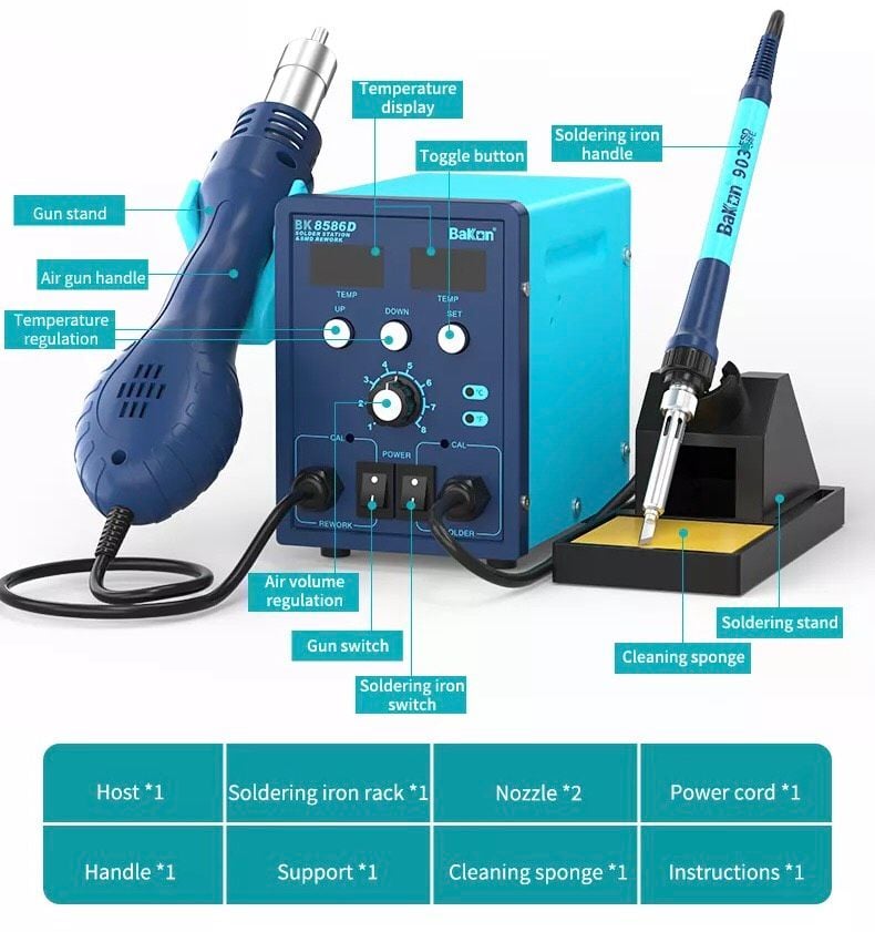 Trạm Hàn Khò Bakon 2 Trong 1 BK8586D 640W 100-500°C mới chính hãng đầy đủ phụ kiện