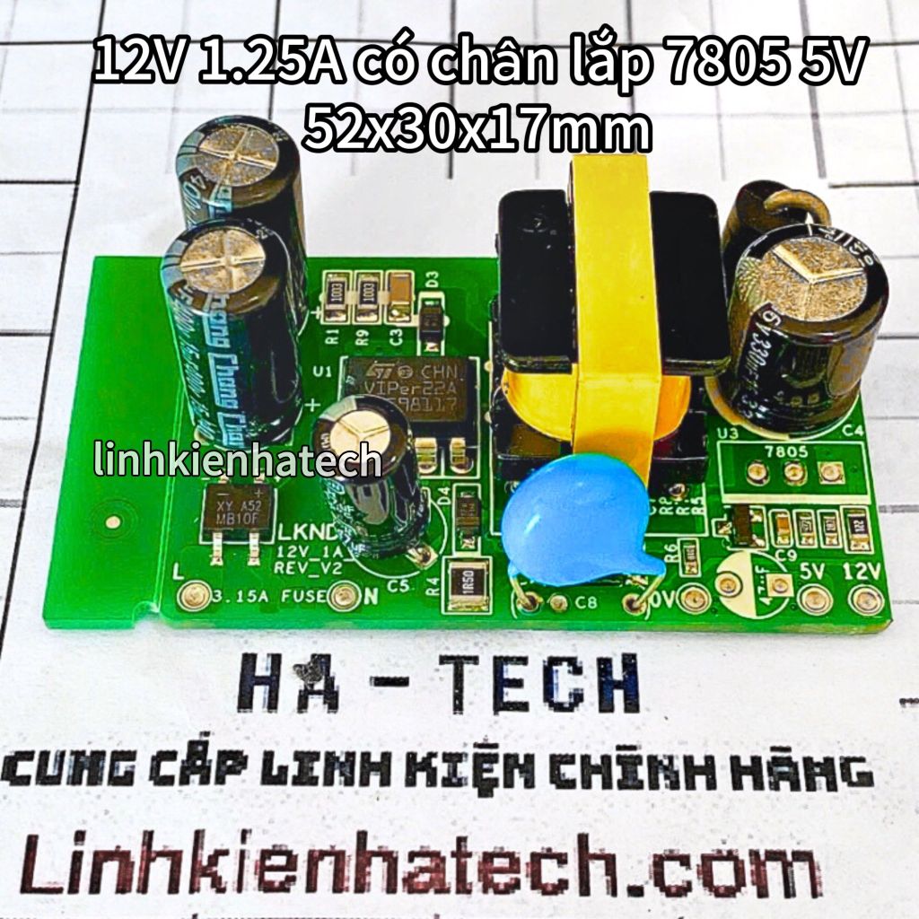 Nguồn xung DC 12V 5V 1.25A ( có chân cắm 7805 chờ ) mới KT 52x30x17mm
