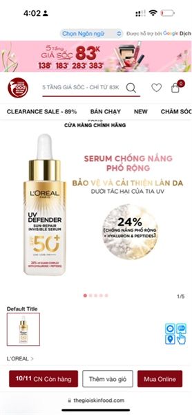 Serum Chống Nắng L'oreal Phổ Rộng, Mỏng Nhẹ, Hỗ Trợ Cải Thiện Da UV Defender Sun-Repair Invisible Serum SPF