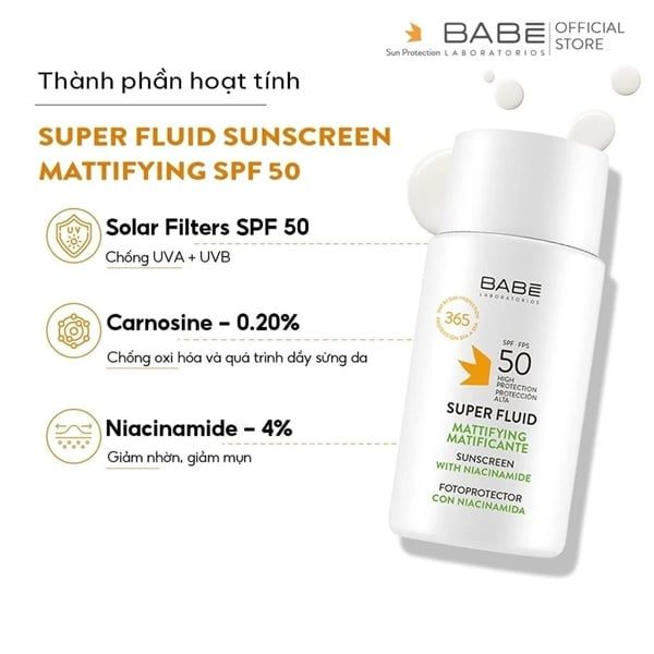Kem chống nắng BABE Super Fluid Mattifying sunscreen SPF 50 phổ rộng, kiểm soát dầu