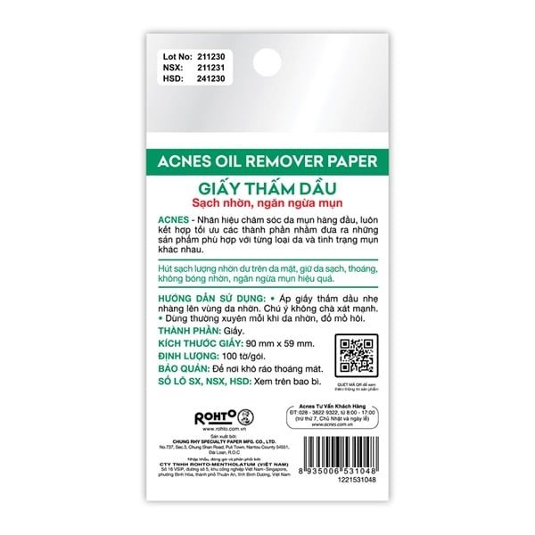 Giấy Thấm Dầu Acnes Kiểm Soát Nhờn, Ngừa Mụn 100 Tờ