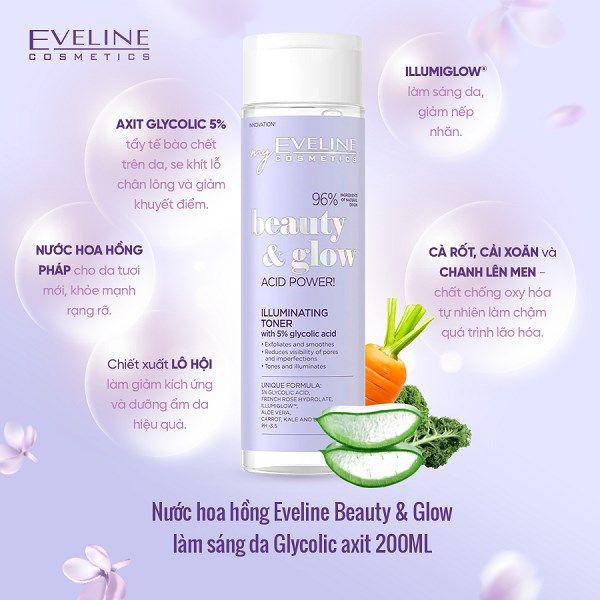 Nước hoa hồng Eveline Beauty & Glow làm sáng da Glycolic axit 200ML