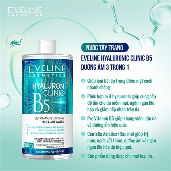 Nước Tẩy Trang Eveline Hyaluronic Clinic B5 500ml