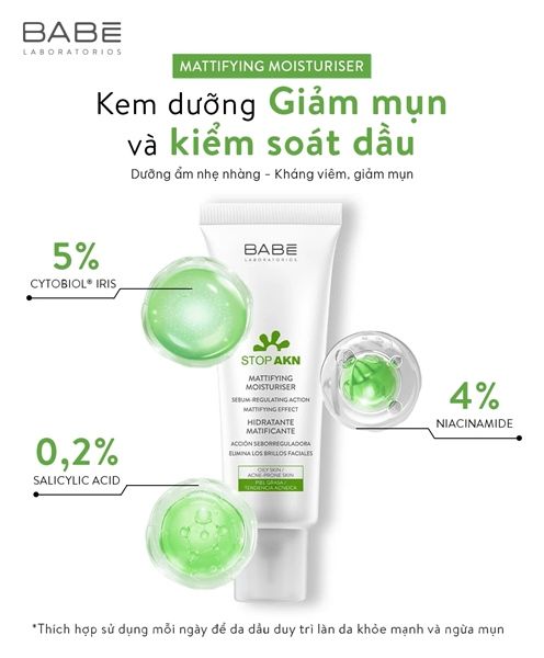 Kem dưỡng ẩm kiềm dầu trị mụn BABE Stop AKN Mattifying Moisturiser