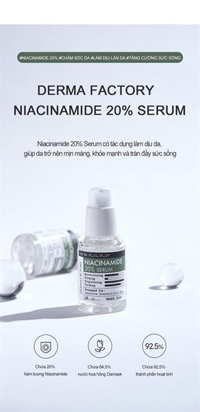 Tinh Chất Dưỡng Trắng Mờ Thâm Da Derma Factory Niacinamide 20% 30ml