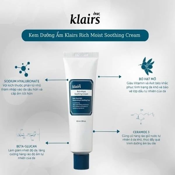 Kem Dưỡng Ẩm Klairs Dành Cho Da Khô nhạy cảm Rich Moist Soothing Cream