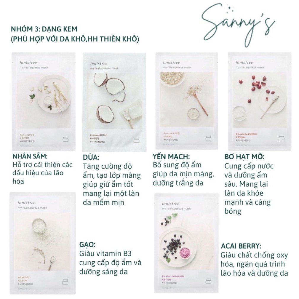 Mặt nạ giấy dưỡng ẩm,dưỡng da Hàn Quốc innisfree My Real Squeeze Mask 20ml, đủ 18 vị - SANNY'S
