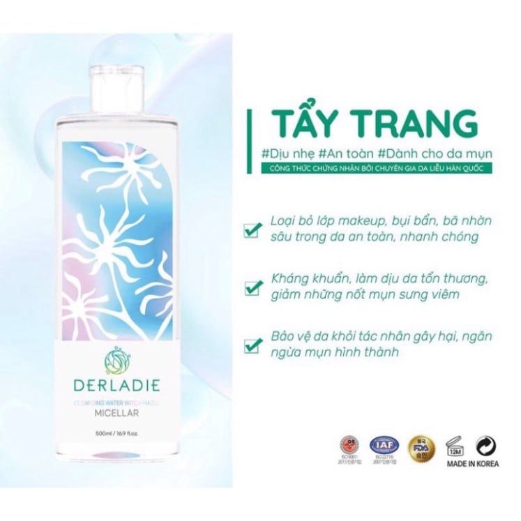 Nước làm sạch mỹ phẩm Derladie Ngừa Mụn rửa sạch Da 1000ml Cleansing Water Witch Hazel