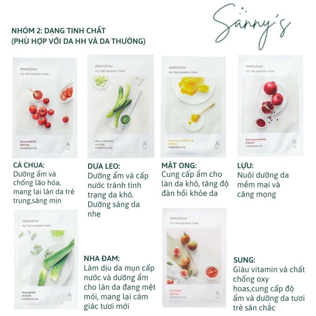 Mặt nạ giấy dưỡng ẩm,dưỡng da Hàn Quốc innisfree My Real Squeeze Mask 20ml, đủ 18 vị - SANNY'S