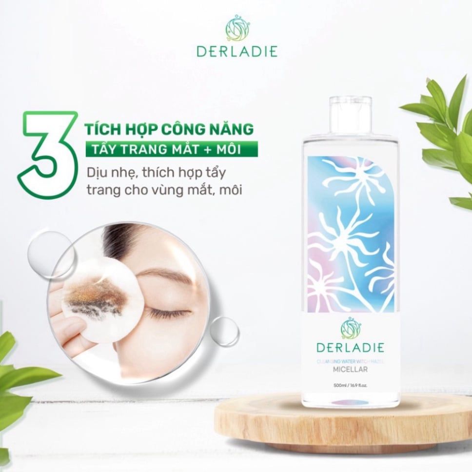 Nước làm sạch mỹ phẩm Derladie Ngừa Mụn rửa sạch Da 1000ml Cleansing Water Witch Hazel