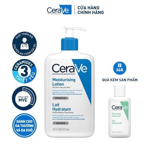 Bộ sữa dưỡng ẩm Cerave dành cho da khô (473ml) và sữa rửa mặt làm sạch sâu cho da dầu (20ml)