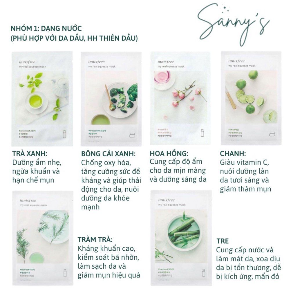 Mặt nạ giấy dưỡng ẩm,dưỡng da Hàn Quốc innisfree My Real Squeeze Mask 20ml, đủ 18 vị - SANNY'S