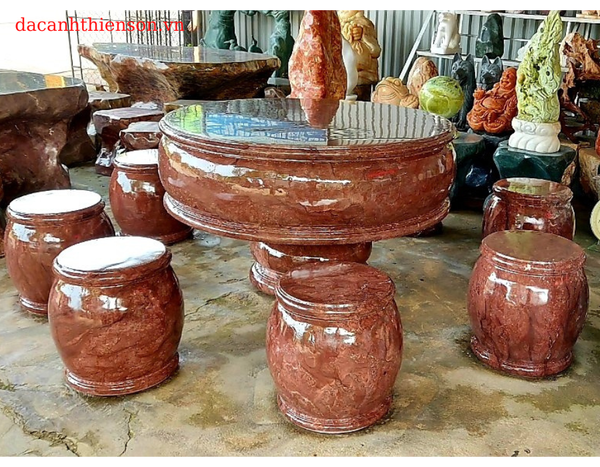Bàn ghế đá đỏ vân rồng bộ bàn tiện rời