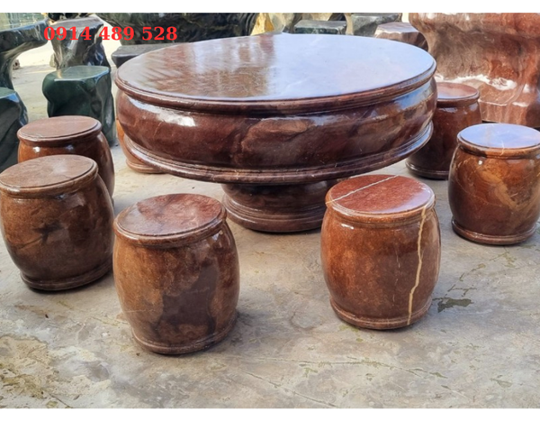 Bộ bàn ghế đá tự nhiên Bàn ghế đá trống đá đỏ vân rồng