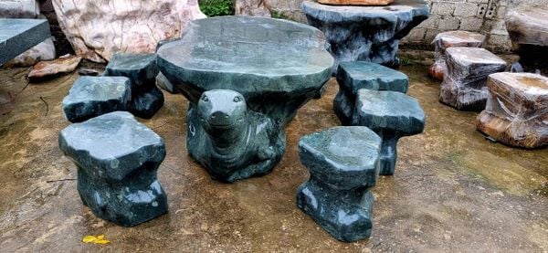 Bộ bàn ghế đá tự nhiên, đá nguyên khối, Bộ bàn đá xanh cẩm thạch đầu rùa.