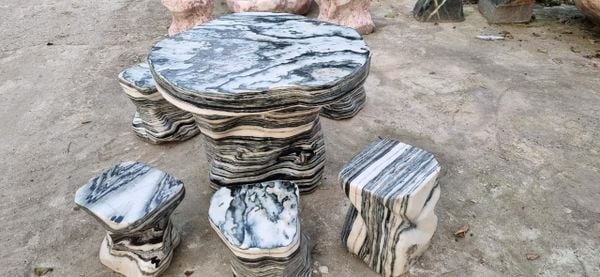 Bộ bàn ghế đá tự nhiên, đá nguyên khối, Bộ bàn gế đá tuyết sơn