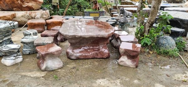 Bộ bàn ghế đá tự nhiên, bàn ghế đá nguyên khối, Bộ bàn gế đá đỏ vân rồng