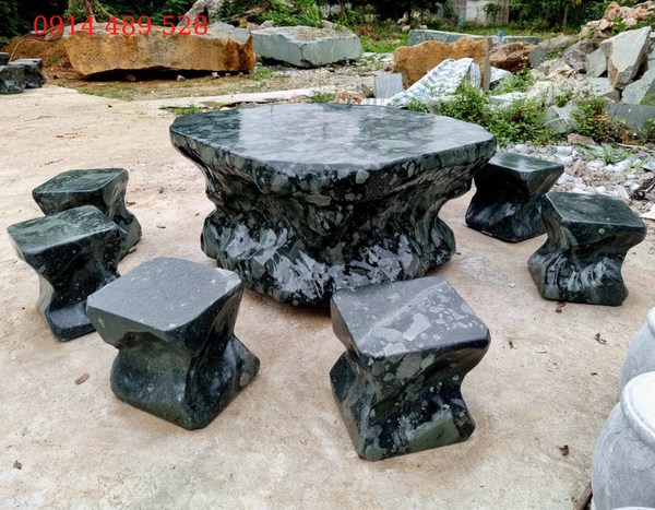 Bộ bàn ghế đá tự nhiên đá xanh cẩm thạch gồm 8 ghế