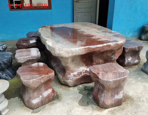 Bộ bàn ghế đá tự nhiên đá đỏ vân rồng 8 ghế