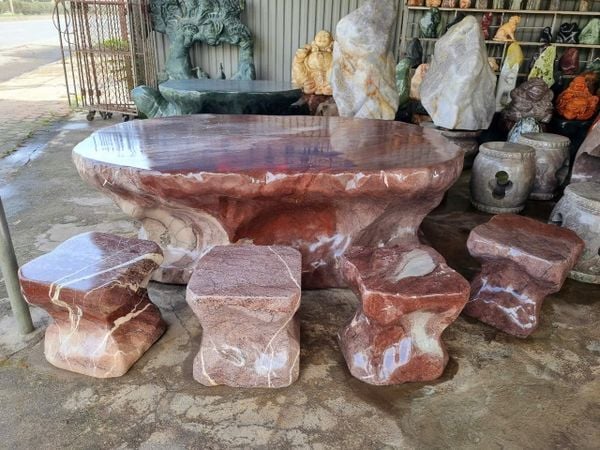 Bộ bàn ghế đá tự nhiên, bàn ghế đá nguyên khối, Bộ bàn ghế đá đỏ vân rồng Thanh Hóa