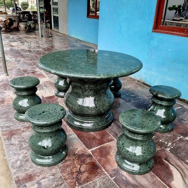 Bộ bàn ghế đá tự nhiên, bàn ghế đá nguyên khối, Bộ bàn ghế đá tròn xanh cẩm thạch