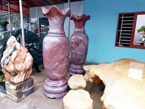 Cặp lục bình đá đỏ vân rồng đá phong thủy