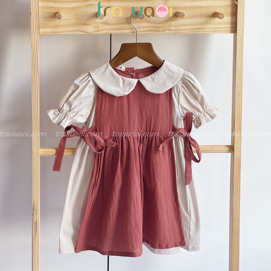 VÁY BÉ GÁI KẺ CARO HỒNG SEN CỔ VUÔNG NƠ LƯNG