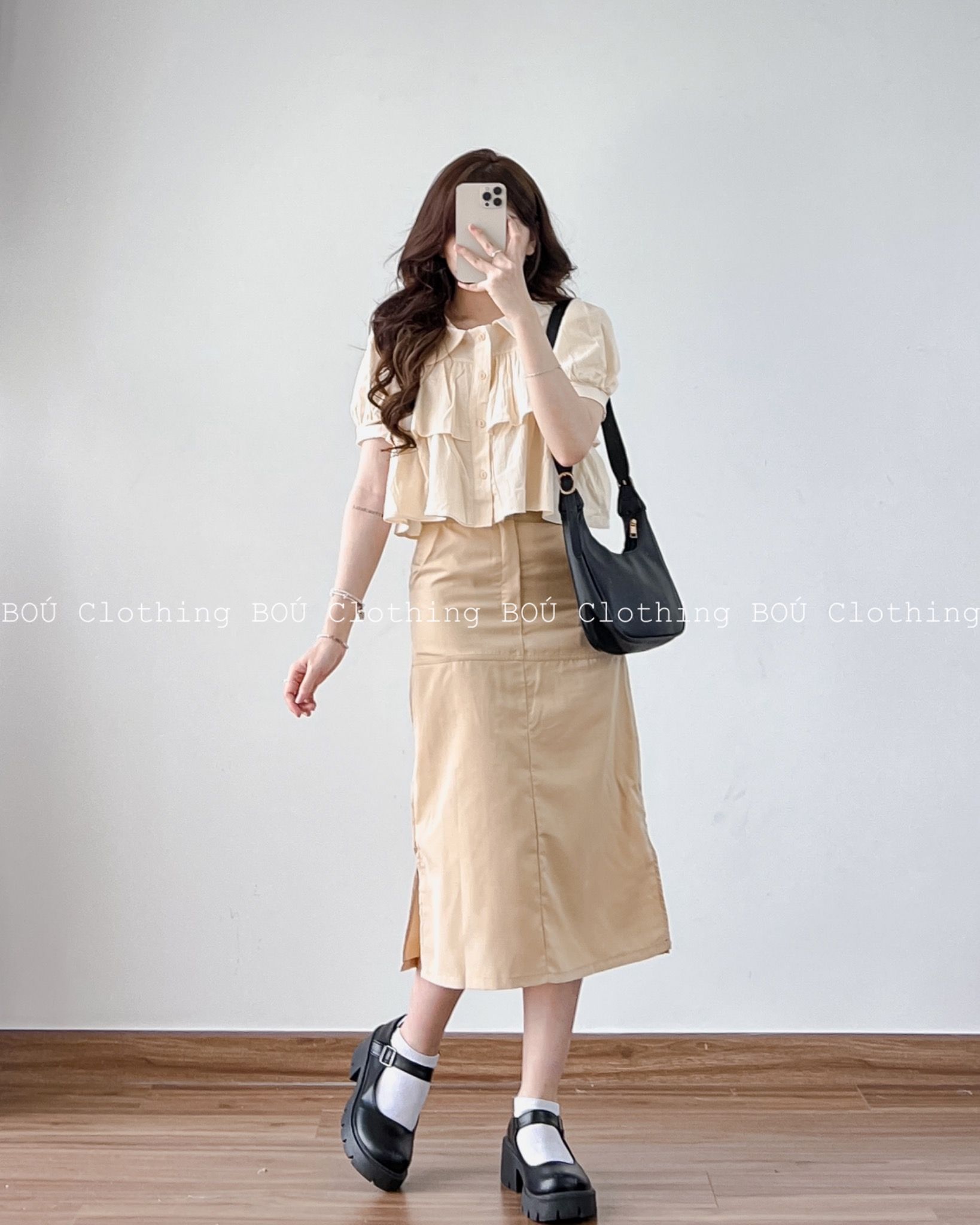 Set Maxi trắng cotton áo croptop xếp bèo  chân váy xòe dài  DEAM
