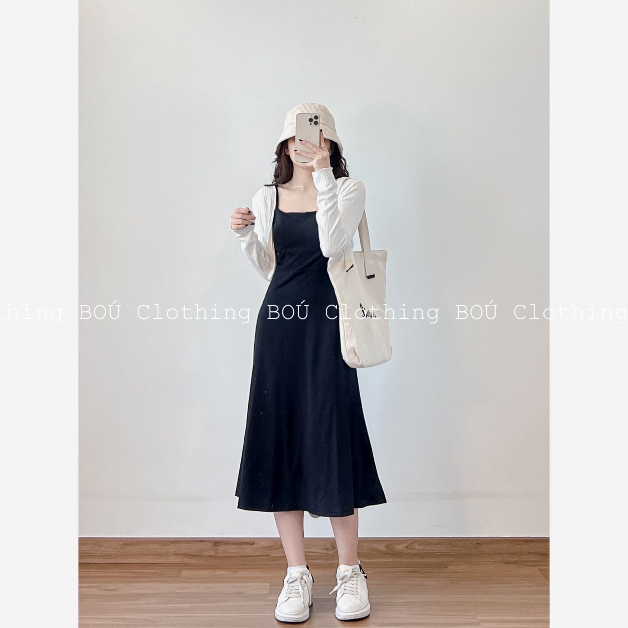 KO Set đầm 2d midi đen + cardigan trắng kem – BOÚ Clothing