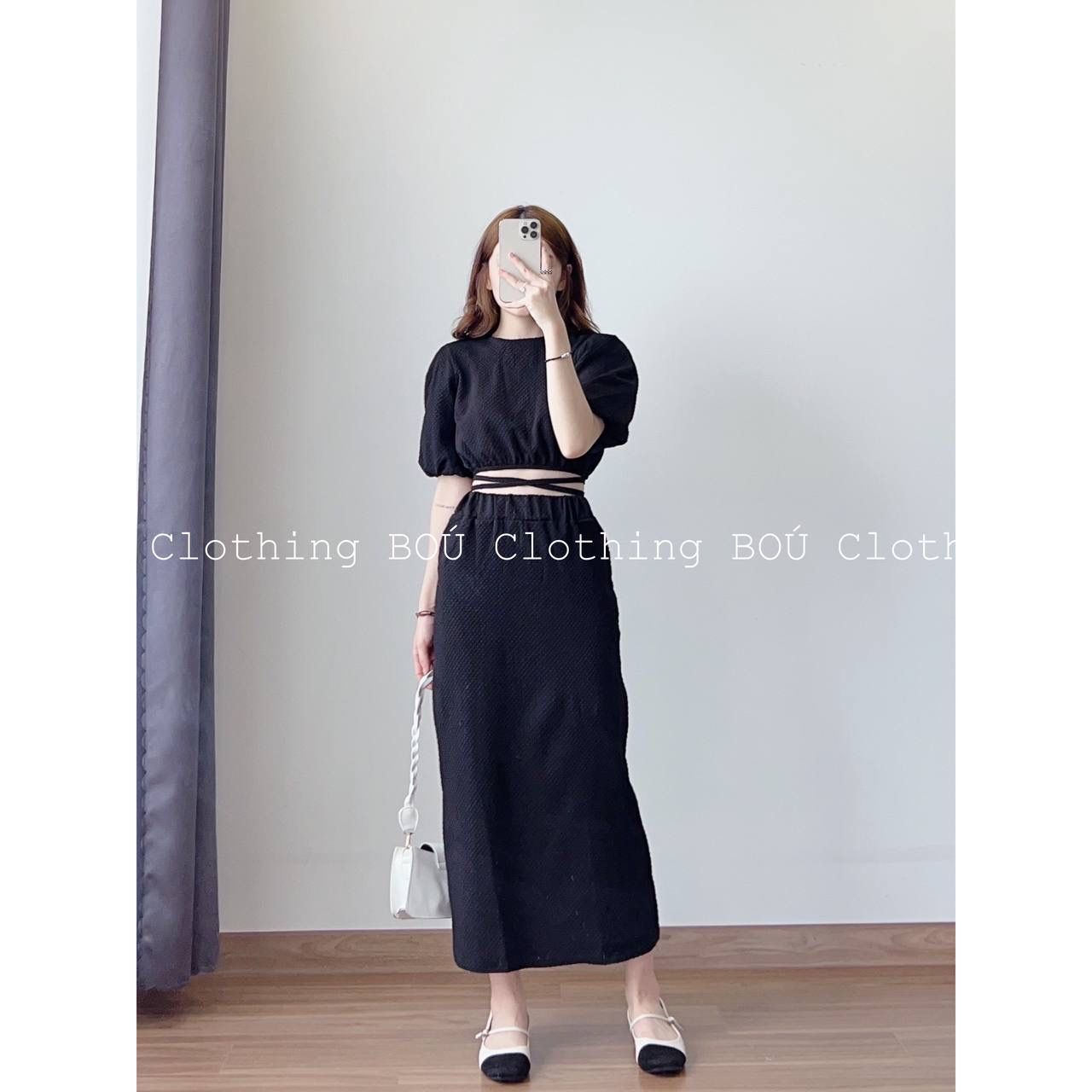 Mua Set áo phối viền đen mix chân váy dài Freesize size  55kg màu trắng   Tiki