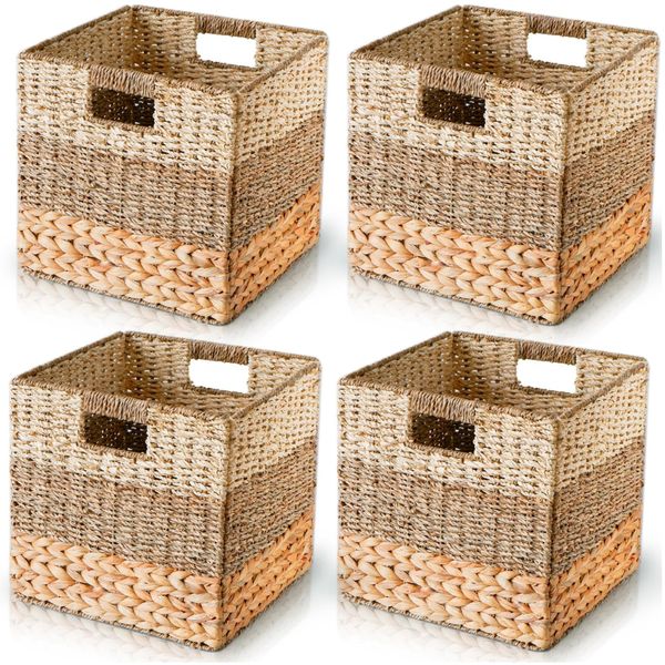  Lafos HandiCraft- Hyacinth Natural Wicker Cube Storage Bin set of 4 