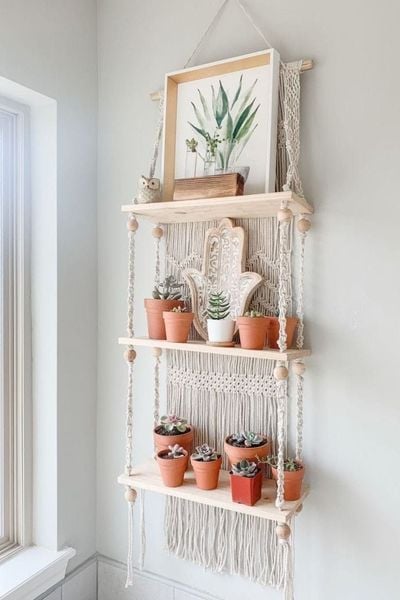  Lafos HandiCraft-Macrame Triple wooden shelf wall hanging decorate tapestry 