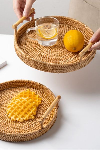  Lafos HandiCraft-Rattan Serving Tray, Handmade Storage Tray with Handle, Coffee Table Decorative Tray 