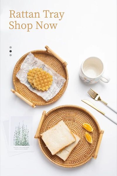  Lafos HandiCraft-Rattan Serving Tray, Handmade Storage Tray with Handle, Coffee Table Decorative Tray 