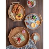 Lafos HandiCraft-Rattan Serving Tray, Handmade Storage Tray with Handle, Coffee Table Decorative Tray 
