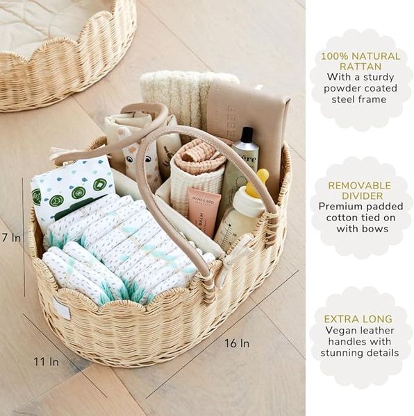  Lafos HandiCraft- Bebe Bask Baby Diaper Caddy Organizer - Artisan-Crafted Scalloped Rattan Basket - Baby Basket 