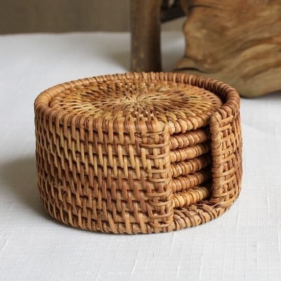  Lafos HandiCraft-6pcs, Rattan Coasters Set, Braided Coasters With Storage Organizer, Handmade Braided Natural Coasters, Square Rattan Teacup Mats, Creative Kitchen Table Crafts, Stylish Drinks HolderTray 