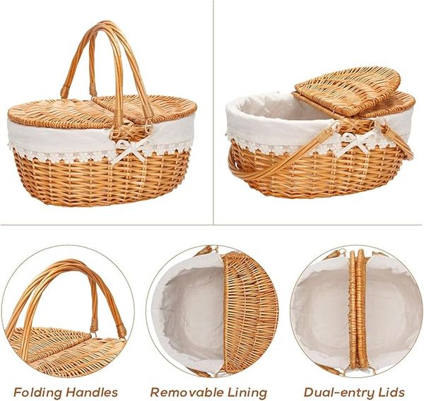  Lafos HandiCraft-Wicker Picnic Basket with Removable Liner, Empty Picnic Baskets with Lid 