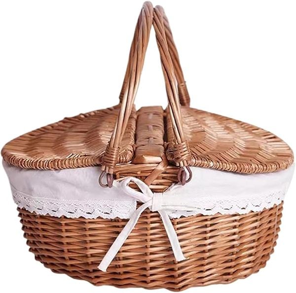  Lafos HandiCraft-Picnic Baskets Wicker Picnic Basket with Rattan Linner Portable Woven Willow Basket with Lid ＆ Handle 