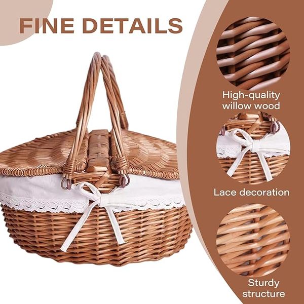  Lafos HandiCraft-Picnic Baskets Wicker Picnic Basket with Rattan Linner Portable Woven Willow Basket with Lid ＆ Handle 