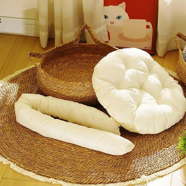  LAFOS Cat Bed, Woven Pet Bed, Handmade Natural Rattan Round Wicker Cat Deep Sleep Bed with Detachable Cushion-Pet nests 