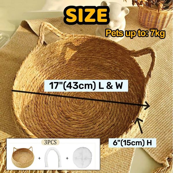  LAFOS Cat Bed, Woven Pet Bed, Handmade Natural Rattan Round Wicker Cat Deep Sleep Bed with Detachable Cushion-Pet nests 