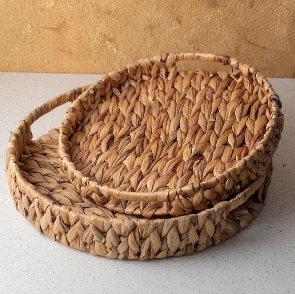 Round Hyacinth Trays Set of 2, 11.8 Inches Natural Wicker Serving Tray, Hyacinth Woven Bowl, Round Wicker Baskets, Decorative Tray, Wicker Serving Trays with Built-in Handles 