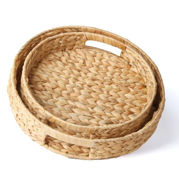  Round Hyacinth Trays Set of 2, 11.8 Inches Natural Wicker Serving Tray, Hyacinth Woven Bowl, Round Wicker Baskets, Decorative Tray, Wicker Serving Trays with Built-in Handles 
