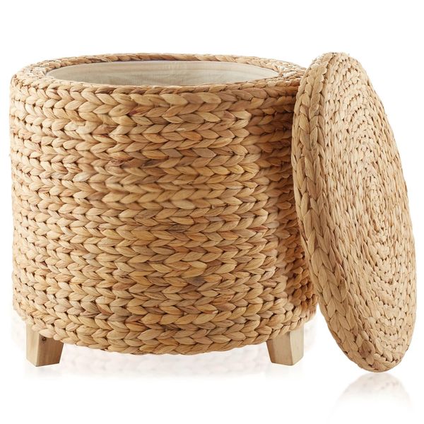  Lafos HandiCraft-Basket- Round Water Hyacinth Storage Footrest with Lid 
