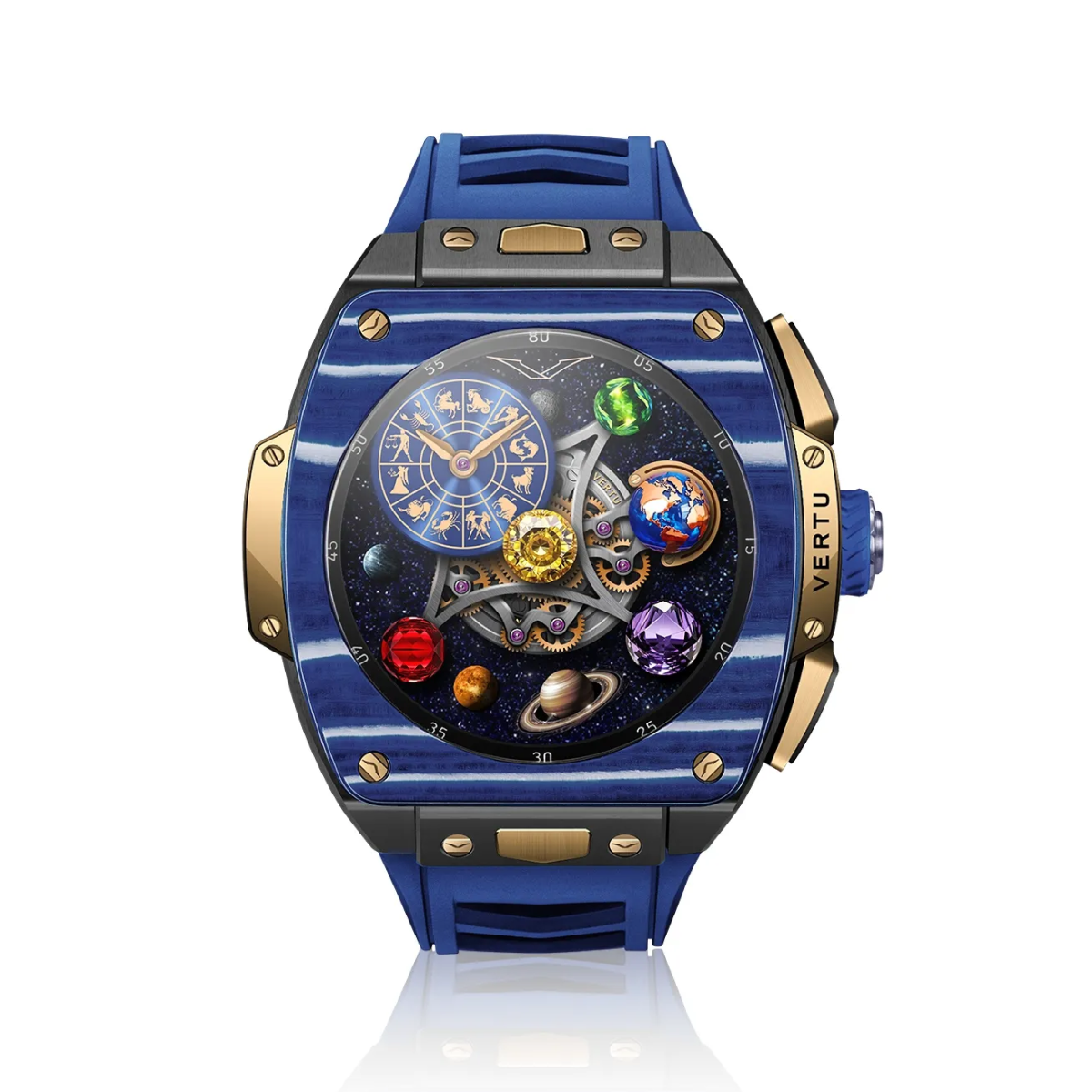 VERTU Watch S1 Finished Set Bespoke Gold Blue and White Carbon Fiber Navy Blue Strap