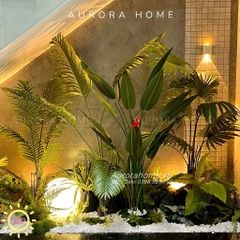 Tiểu cảnh cây giả trang trí góc cầu thang phong cách nhiệt đới