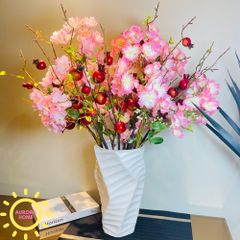 Bình hoa đào hồng phối lựu đỏ trang trí Tết
